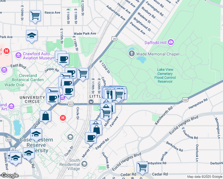 map of restaurants, bars, coffee shops, grocery stores, and more near 1944 East 123rd Street in Cleveland