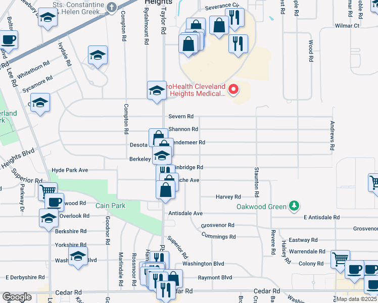 map of restaurants, bars, coffee shops, grocery stores, and more near 3521 Berkeley Road in Cleveland Heights