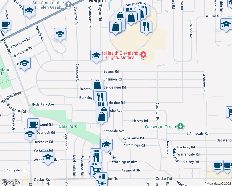map of restaurants, bars, coffee shops, grocery stores, and more near 3521 Berkeley Road in Cleveland Heights