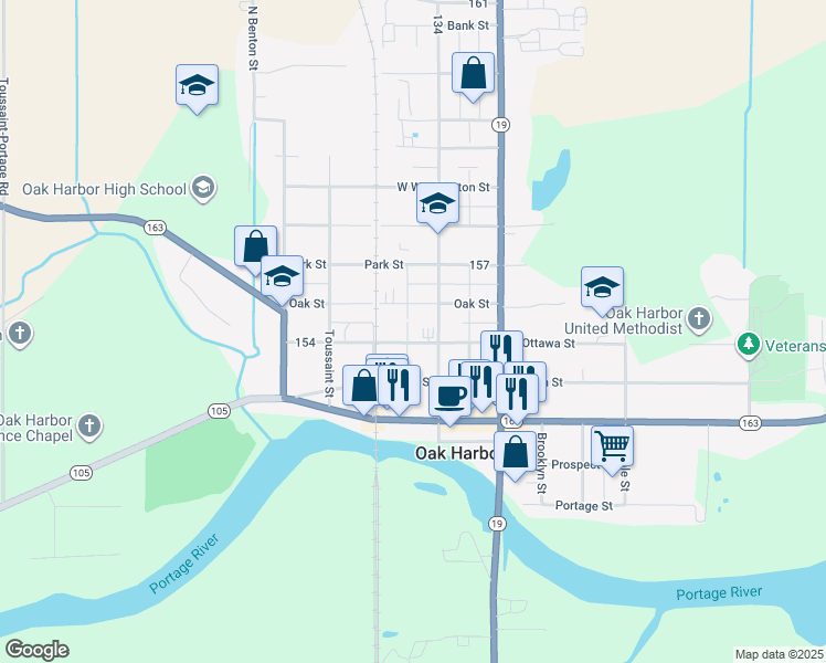 map of restaurants, bars, coffee shops, grocery stores, and more near 155 North Church Street in Oak Harbor