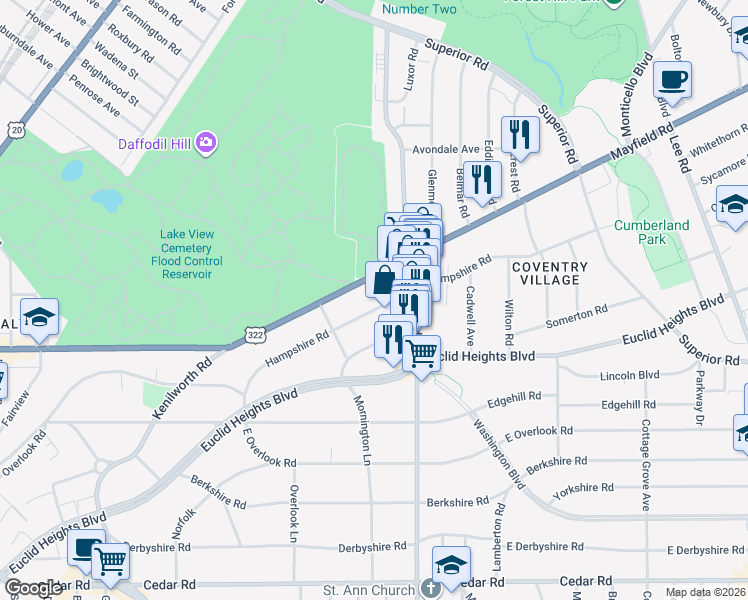 map of restaurants, bars, coffee shops, grocery stores, and more near 2749 Hampshire Road in Cleveland Heights