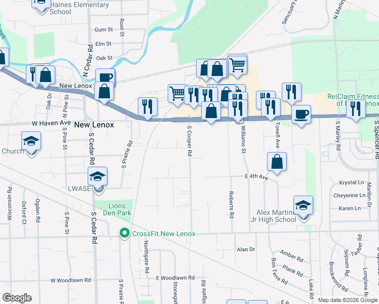 map of restaurants, bars, coffee shops, grocery stores, and more near 130 South Cooper Road in New Lenox