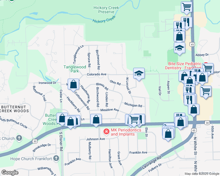 map of restaurants, bars, coffee shops, grocery stores, and more near 437 Illinois Road in Frankfort
