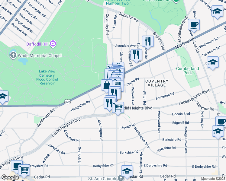 map of restaurants, bars, coffee shops, grocery stores, and more near 1782 Coventry Road in Cleveland Heights