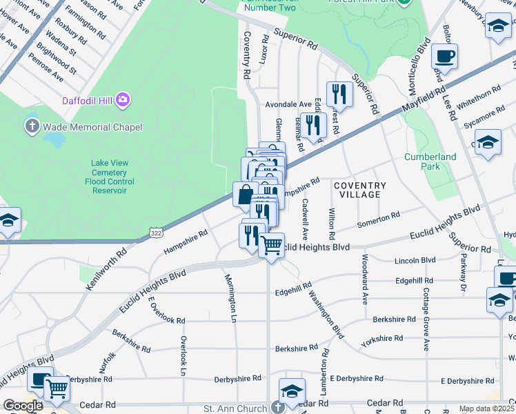 map of restaurants, bars, coffee shops, grocery stores, and more near 1782 Coventry Road in Cleveland Heights
