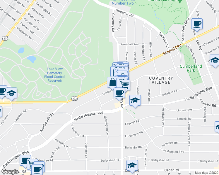 map of restaurants, bars, coffee shops, grocery stores, and more near 2744 Mayfield Road in Cleveland Heights