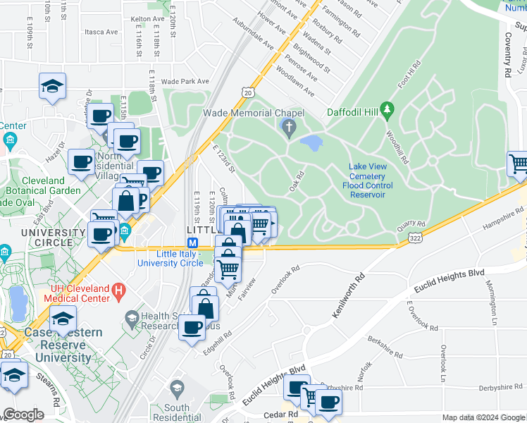map of restaurants, bars, coffee shops, grocery stores, and more near 1900 East 124th Place in Cleveland