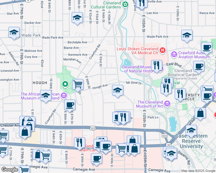map of restaurants, bars, coffee shops, grocery stores, and more near in Cleveland