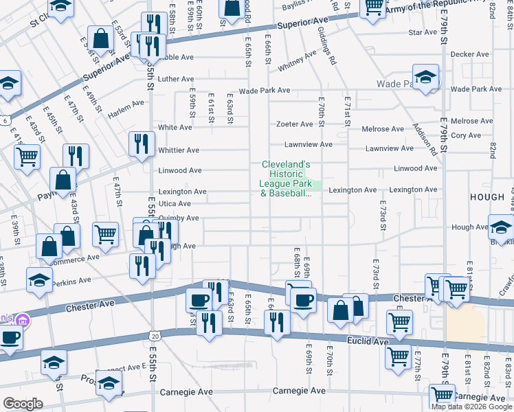 map of restaurants, bars, coffee shops, grocery stores, and more near in Cleveland