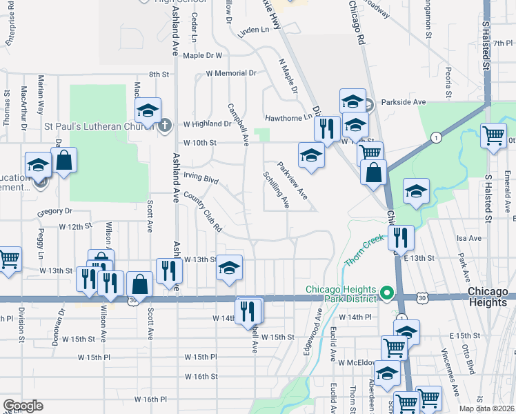 map of restaurants, bars, coffee shops, grocery stores, and more near 1119 Wallace Court in Chicago Heights