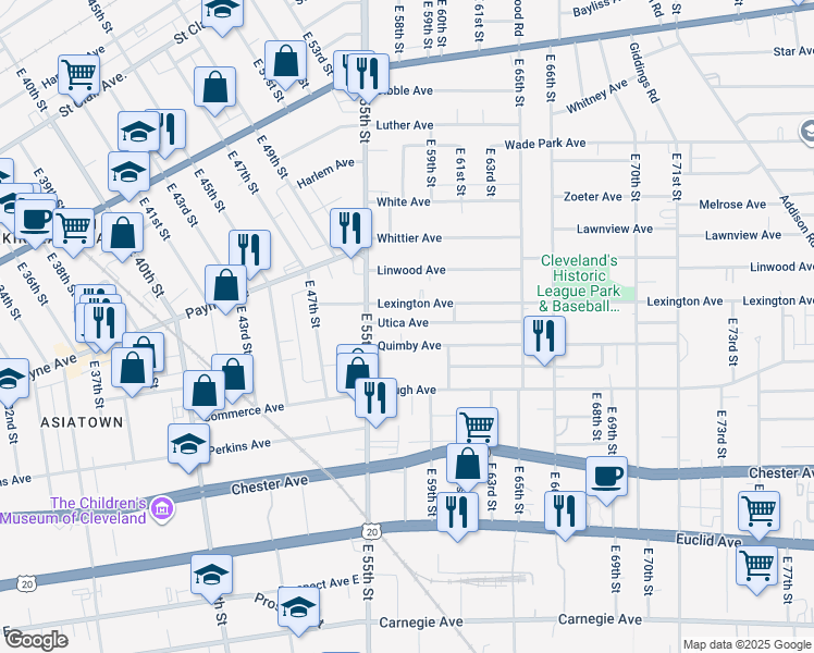 map of restaurants, bars, coffee shops, grocery stores, and more near 5708 Utica Avenue in Cleveland