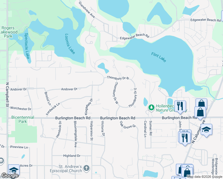 map of restaurants, bars, coffee shops, grocery stores, and more near 4601 Thornbury Drive East in Valparaiso