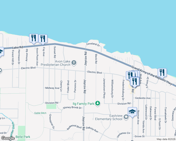 map of restaurants, bars, coffee shops, grocery stores, and more near 141 Jaycox Road in Avon Lake