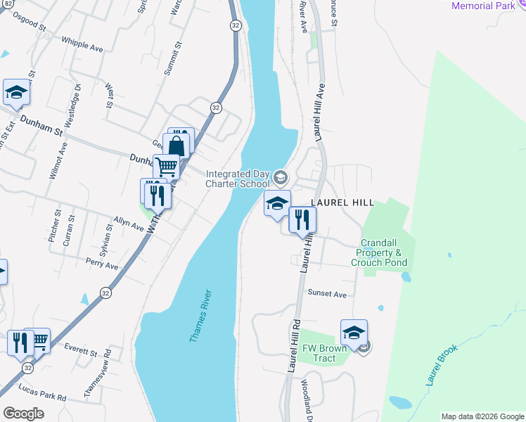 map of restaurants, bars, coffee shops, grocery stores, and more near 68 Thermos Avenue in Norwich