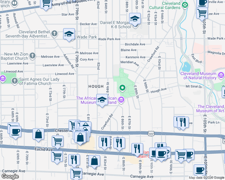 map of restaurants, bars, coffee shops, grocery stores, and more near 1668 East 85th Street in Cleveland