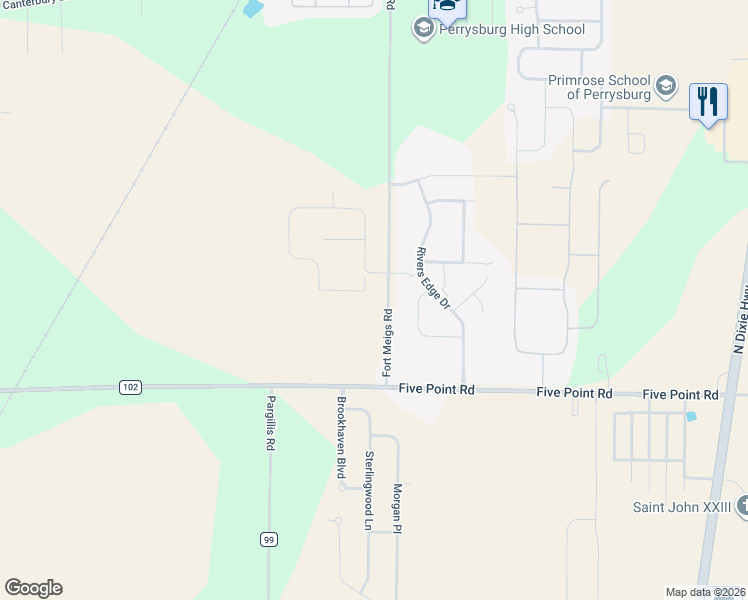 map of restaurants, bars, coffee shops, grocery stores, and more near 24608 Fort Meigs Road in Perrysburg