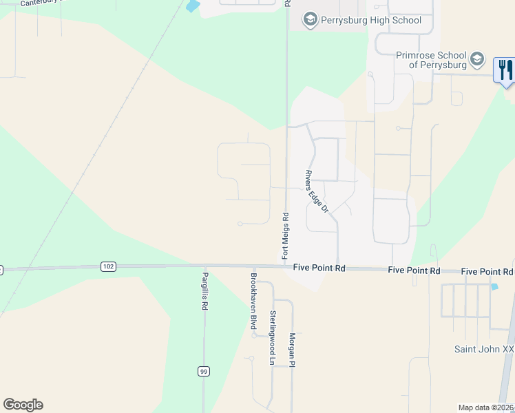 map of restaurants, bars, coffee shops, grocery stores, and more near 24608 Fort Meigs Road in Perrysburg