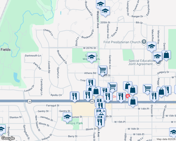 map of restaurants, bars, coffee shops, grocery stores, and more near 20820 Western Avenue in Olympia Fields
