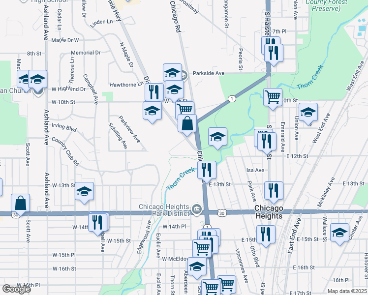 map of restaurants, bars, coffee shops, grocery stores, and more near 1040 Dixie Highway in Chicago Heights