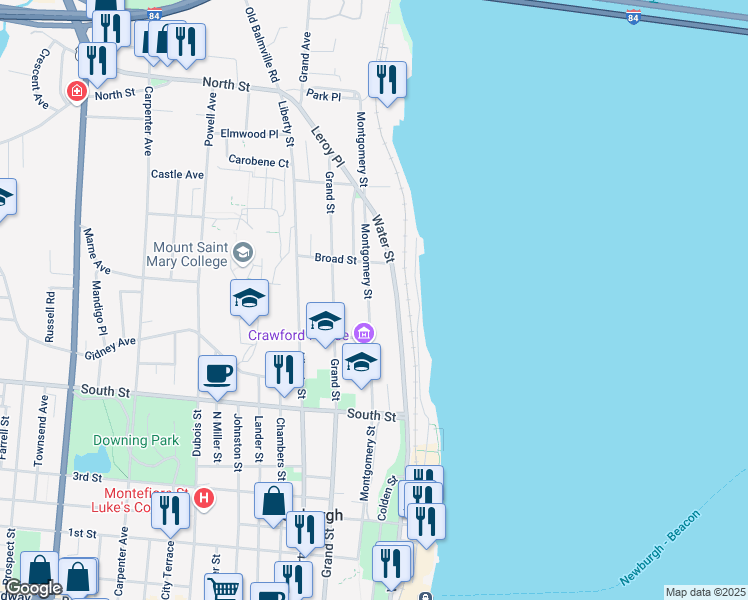 map of restaurants, bars, coffee shops, grocery stores, and more near 226 Montgomery Street in Newburgh