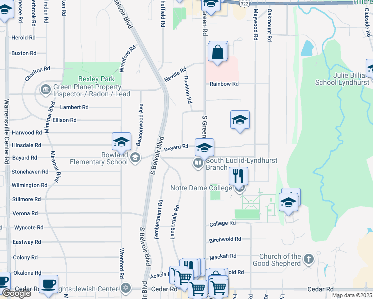 map of restaurants, bars, coffee shops, grocery stores, and more near 4410 Bayard Road in South Euclid