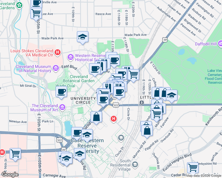 map of restaurants, bars, coffee shops, grocery stores, and more near 1716 East 115th Street in Cleveland
