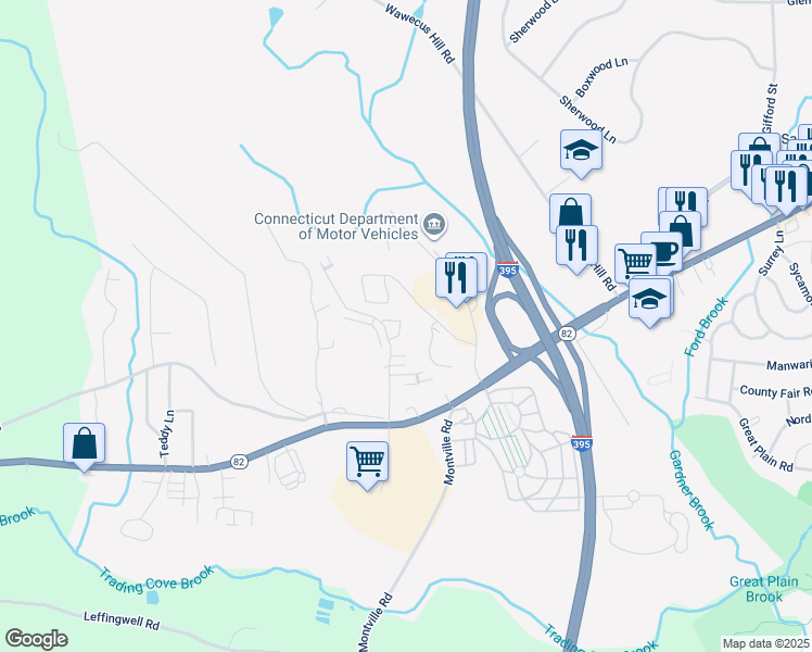 map of restaurants, bars, coffee shops, grocery stores, and more near 95 Briar Lane in Norwich