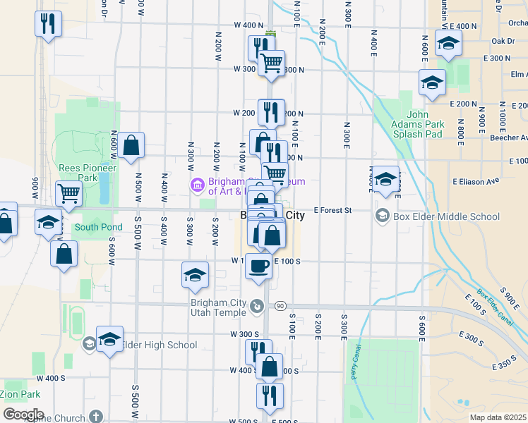 map of restaurants, bars, coffee shops, grocery stores, and more near 17 West Forest Street in Brigham City