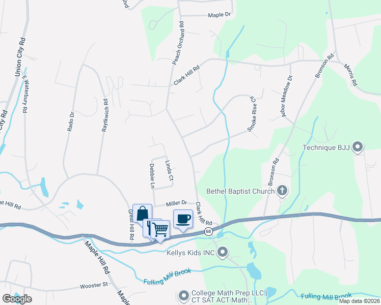 map of restaurants, bars, coffee shops, grocery stores, and more near 87 Clark Hill Road in Prospect