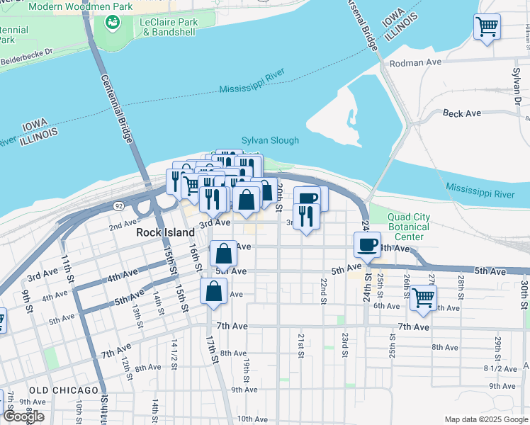 map of restaurants, bars, coffee shops, grocery stores, and more near 1829 2nd Avenue in Rock Island