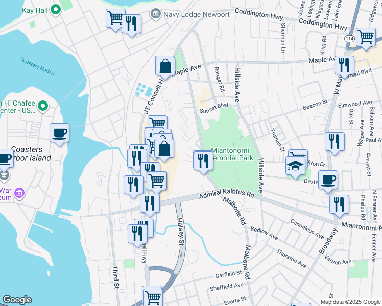 map of restaurants, bars, coffee shops, grocery stores, and more near 66 Girard Avenue in Newport