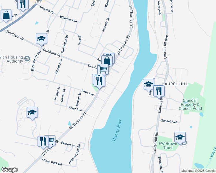 map of restaurants, bars, coffee shops, grocery stores, and more near 244 West Thames Street in Norwich