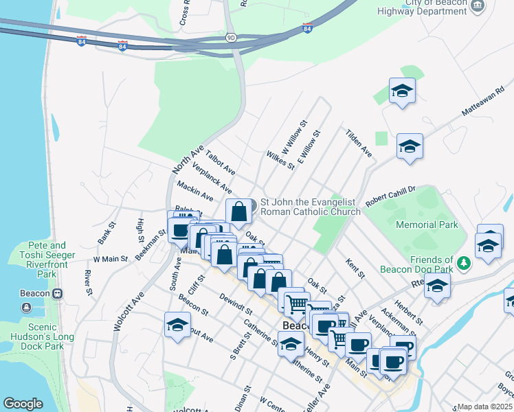 map of restaurants, bars, coffee shops, grocery stores, and more near 54 Cross Street in Beacon