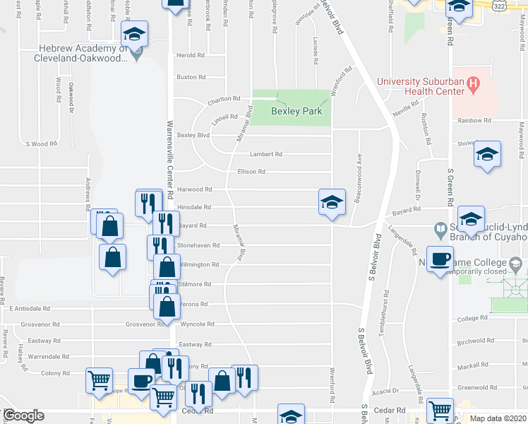 map of restaurants, bars, coffee shops, grocery stores, and more near 4141 Hinsdale Road in South Euclid
