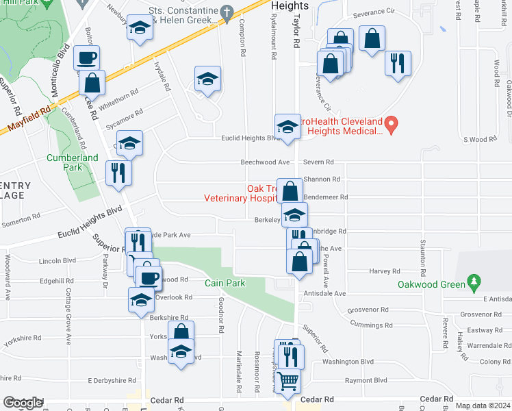 map of restaurants, bars, coffee shops, grocery stores, and more near 3405 Desota Avenue in Cleveland Heights