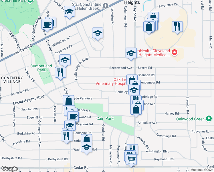map of restaurants, bars, coffee shops, grocery stores, and more near 3357 Desota Avenue in Cleveland Heights
