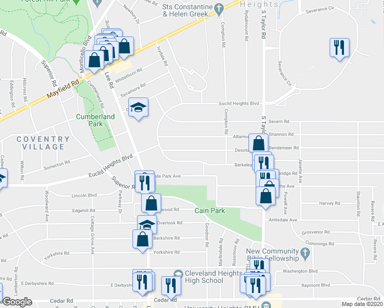 map of restaurants, bars, coffee shops, grocery stores, and more near 3277 Desota Avenue in Cleveland Heights