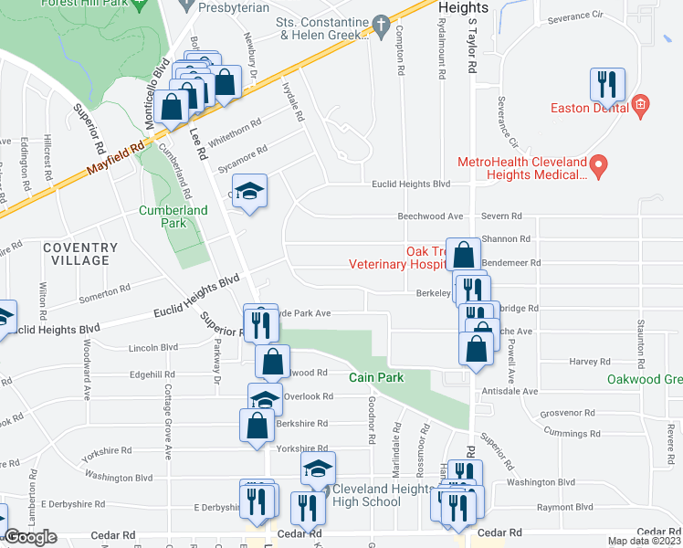 map of restaurants, bars, coffee shops, grocery stores, and more near 3277 Desota Avenue in Cleveland Heights