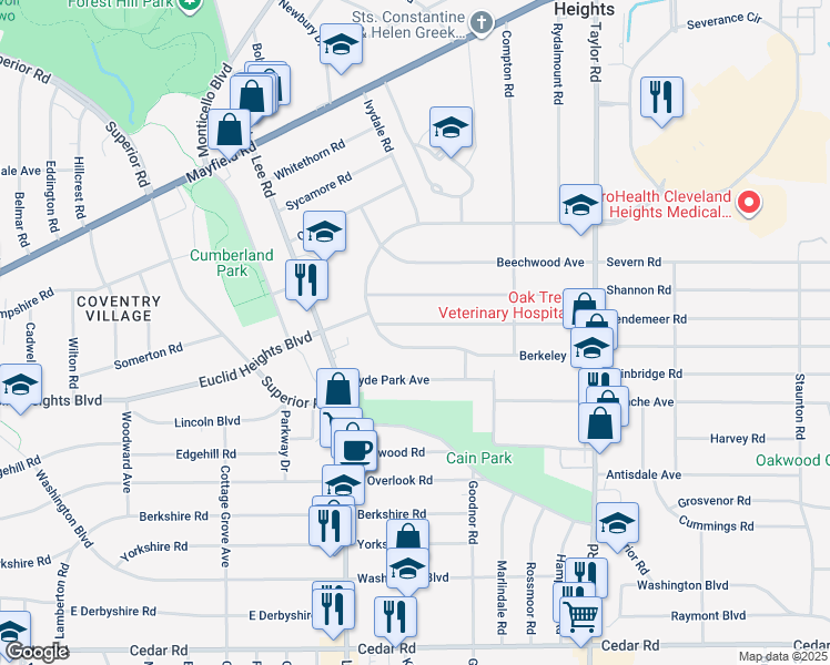map of restaurants, bars, coffee shops, grocery stores, and more near 3277 Desota Avenue in Cleveland Heights