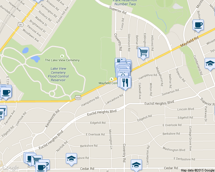 map of restaurants, bars, coffee shops, grocery stores, and more near 2744 Mayfield Road in Cleveland Heights
