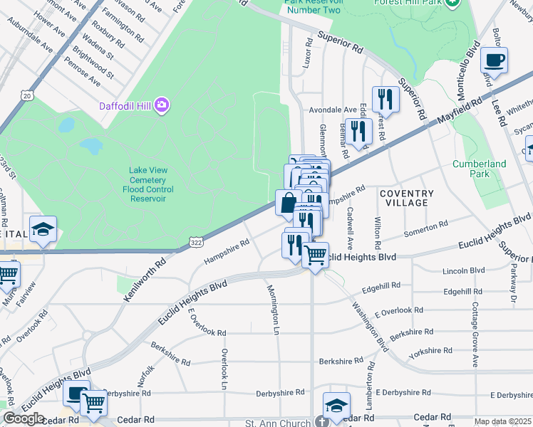 map of restaurants, bars, coffee shops, grocery stores, and more near 2744 Mayfield Road in Cleveland Heights