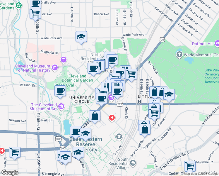 map of restaurants, bars, coffee shops, grocery stores, and more near 1716 East 115th Street in Cleveland