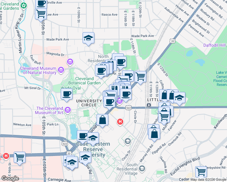 map of restaurants, bars, coffee shops, grocery stores, and more near 11320 Bellflower Road in Cleveland