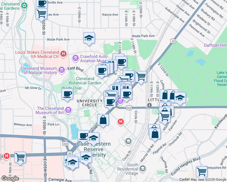 map of restaurants, bars, coffee shops, grocery stores, and more near 11320 Bellflower Road in Cleveland