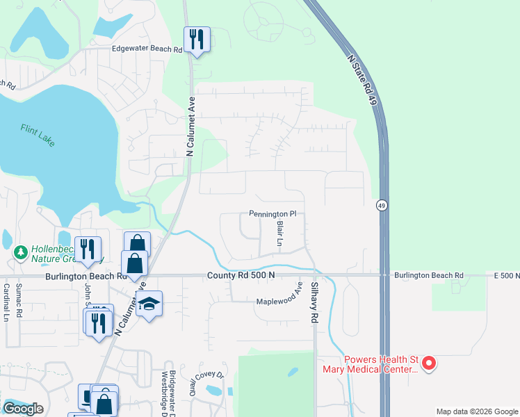 map of restaurants, bars, coffee shops, grocery stores, and more near Pennington Place in Valparaiso