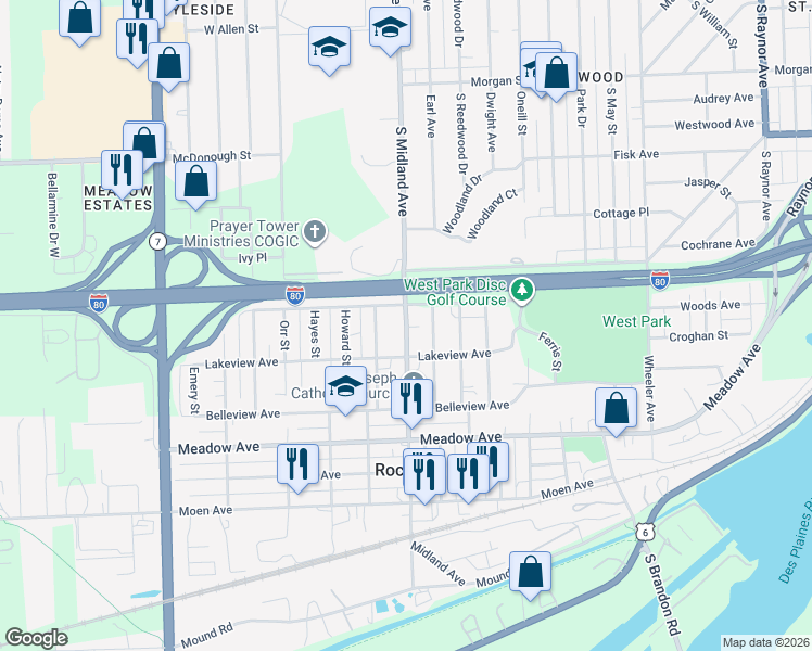 map of restaurants, bars, coffee shops, grocery stores, and more near in Joliet