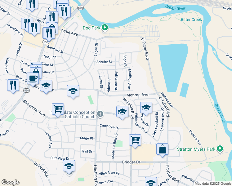 map of restaurants, bars, coffee shops, grocery stores, and more near 630 Wilson Street in Green River