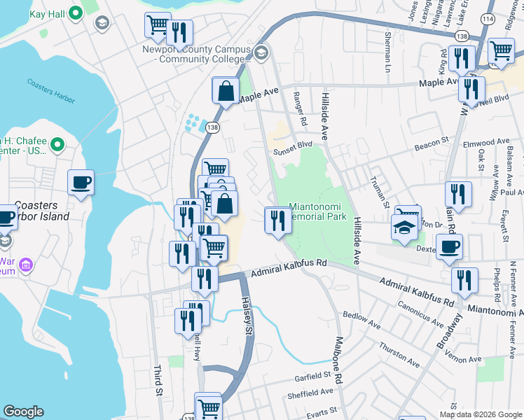 map of restaurants, bars, coffee shops, grocery stores, and more near 66 Girard Avenue in Newport