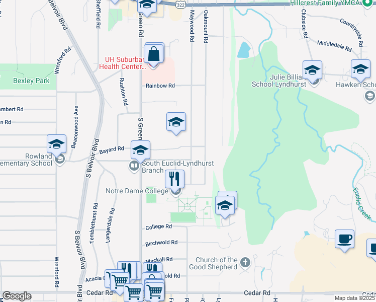 map of restaurants, bars, coffee shops, grocery stores, and more near 1824 Maywood Road in South Euclid