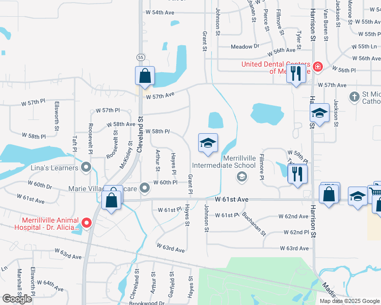 map of restaurants, bars, coffee shops, grocery stores, and more near 5910 Grant Place in Merrillville